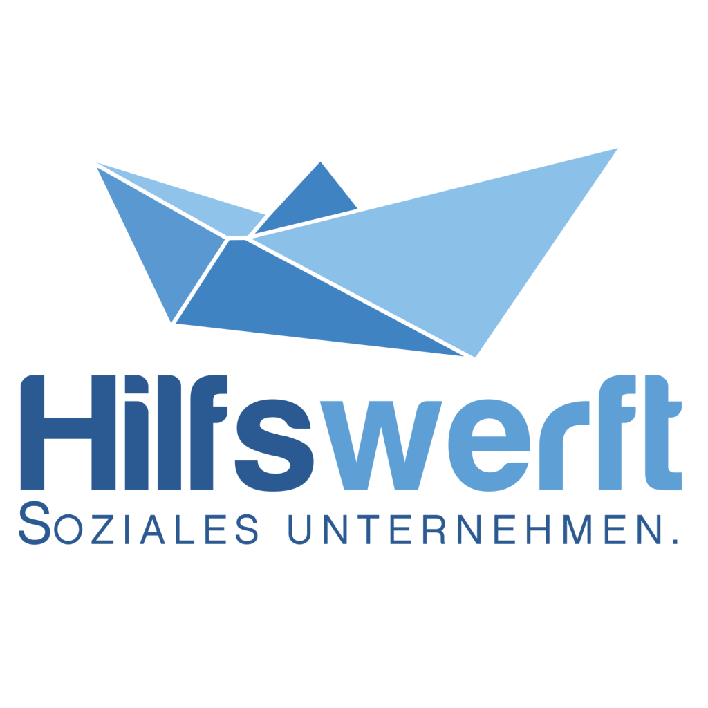 Hilfswerft Logo: Text Hilfswerft. Soziales Unternehmen. unter einem blauen, gefalteten Papierschiff